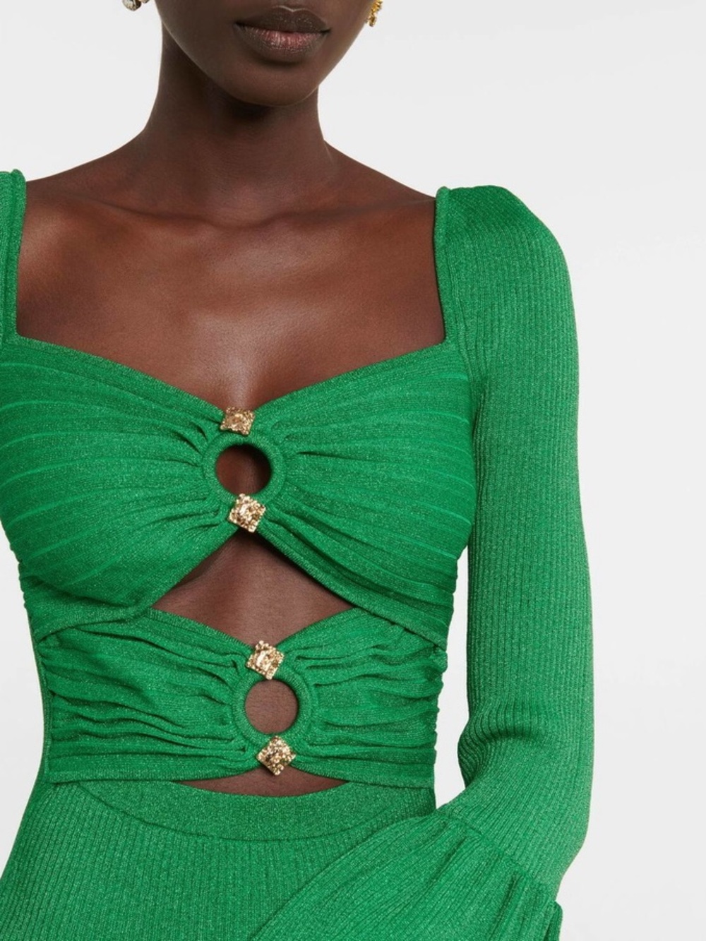 SELF PORTRAIT Cutout Ribbed Knit Lurex Midi Dress in Green Sz S - Picture 3 of 9